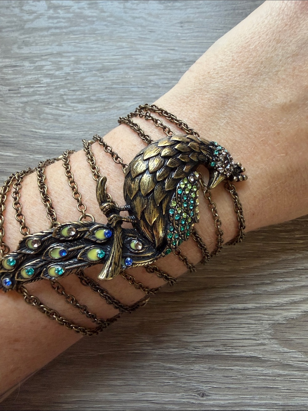 Peacock Multi-Chain Statement Bracelet in Antique Brass with Green Blue Accents